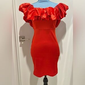 SHEIN RED SATIN RUFFLE SLEEVE MINI DRESS